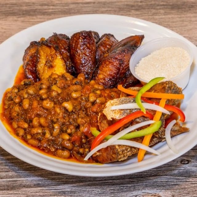 D9. Fried Plantain or Red Red with beans stew and Fish.